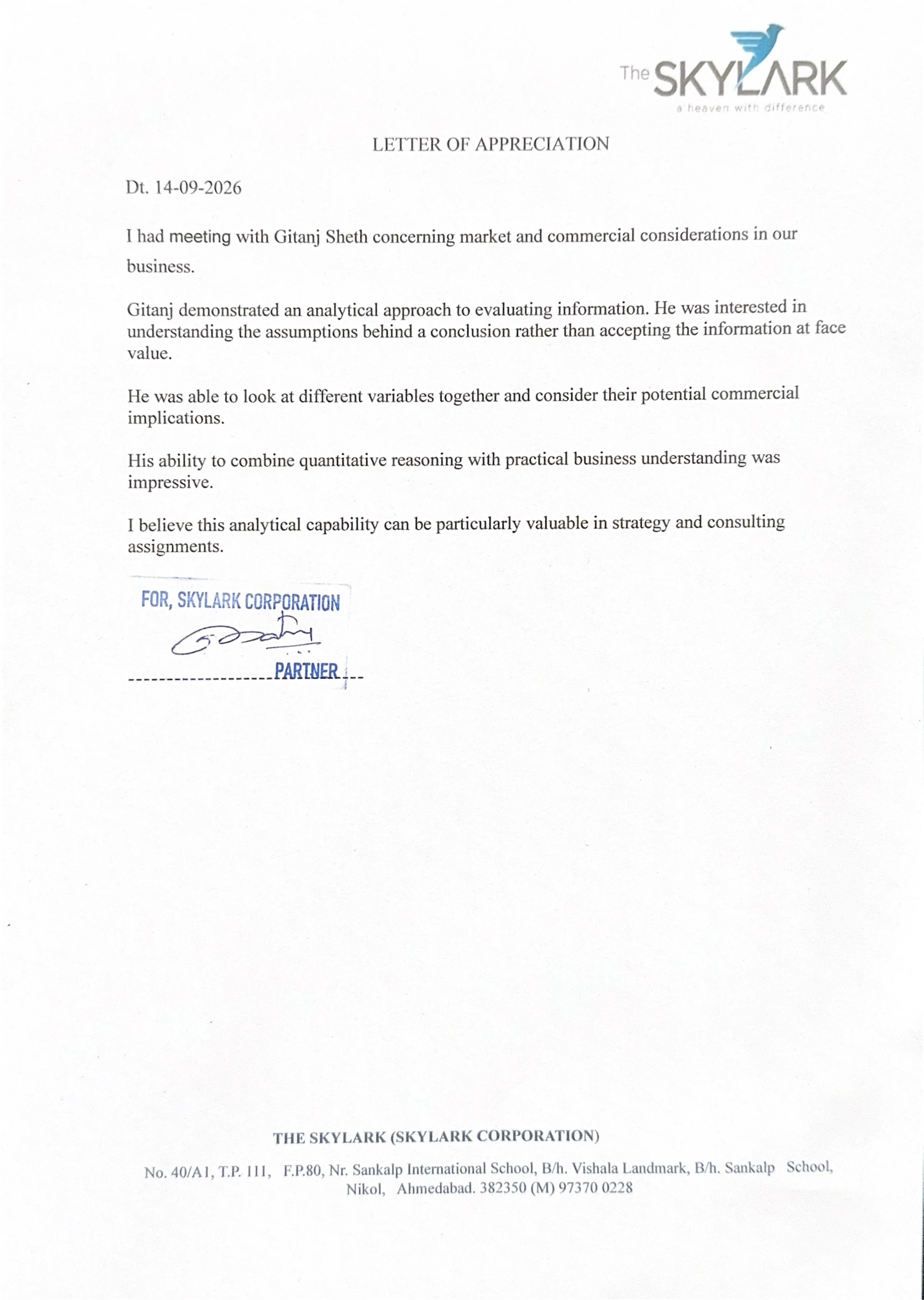 Testimonial letter — Abhi Patel, Skylark Corporation