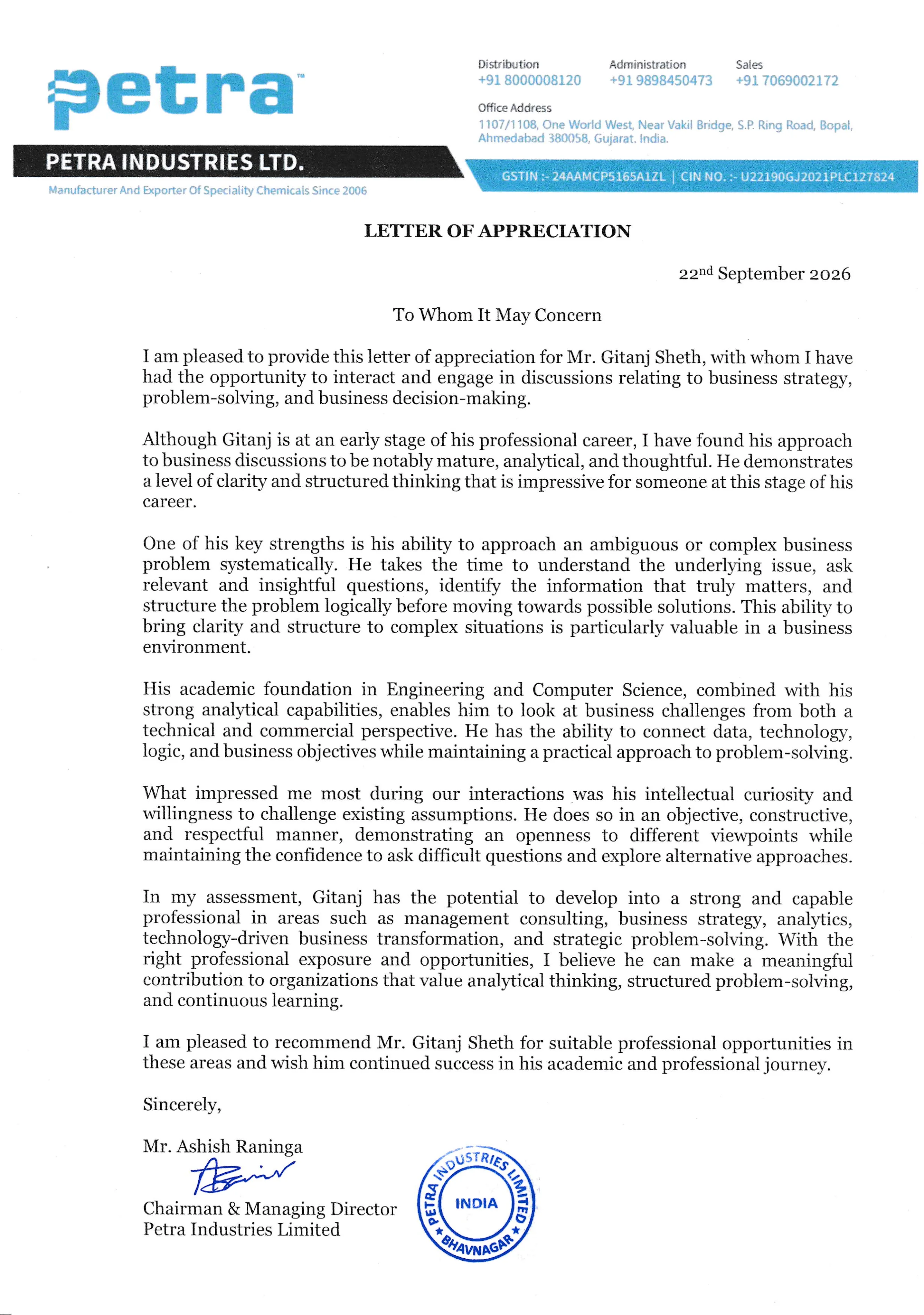 Testimonial letter — Ashish Raninga, Petra Industries