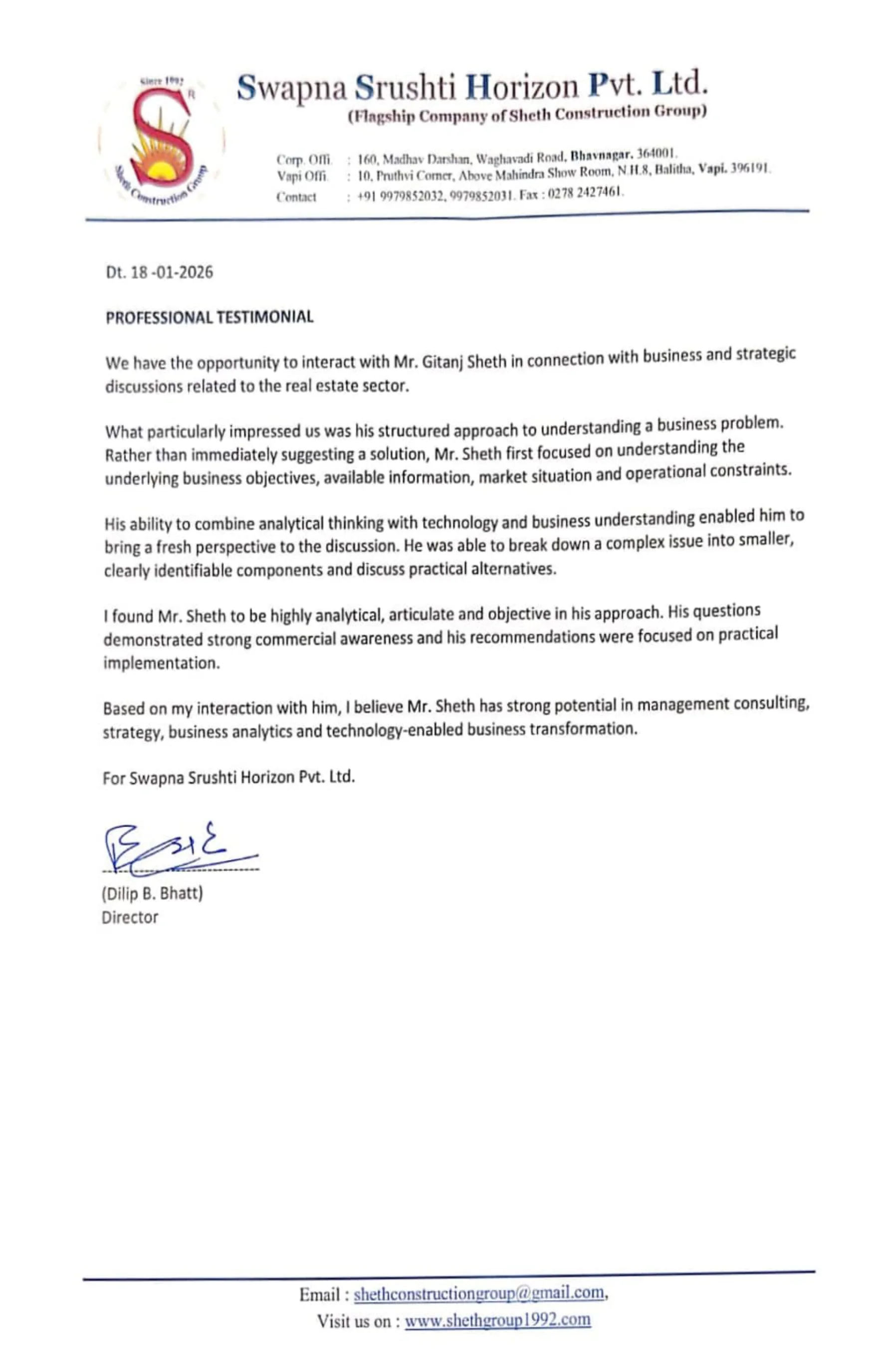 Testimonial letter — Dilip B. Bhatt, Swapna Srushti Horizon