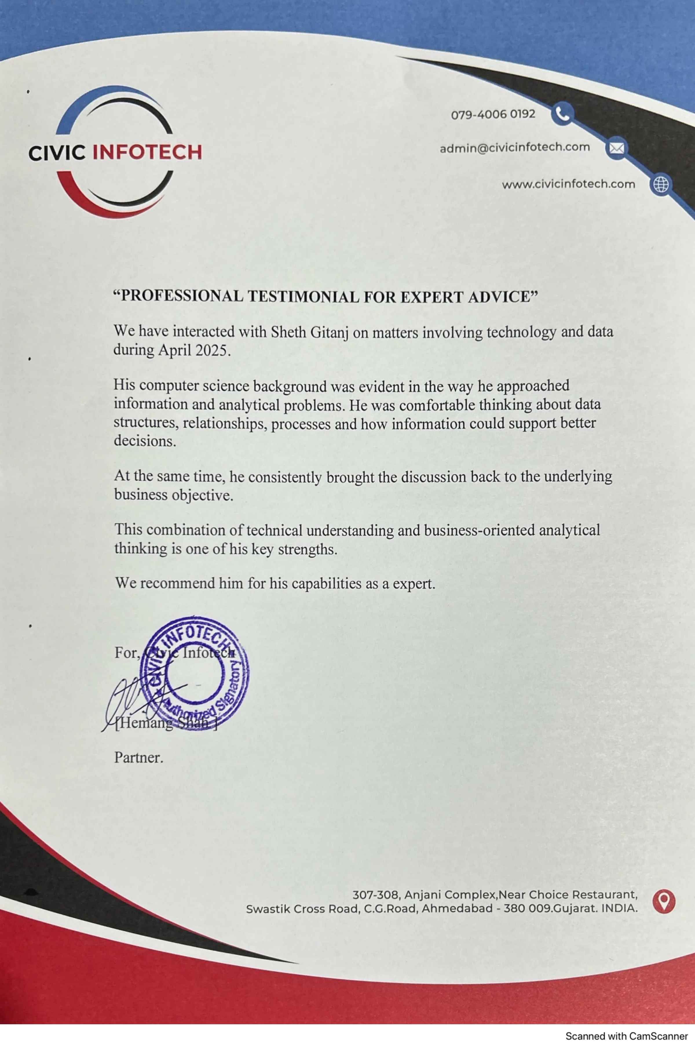 Testimonial letter — Hemang Shah, Civic Infotech