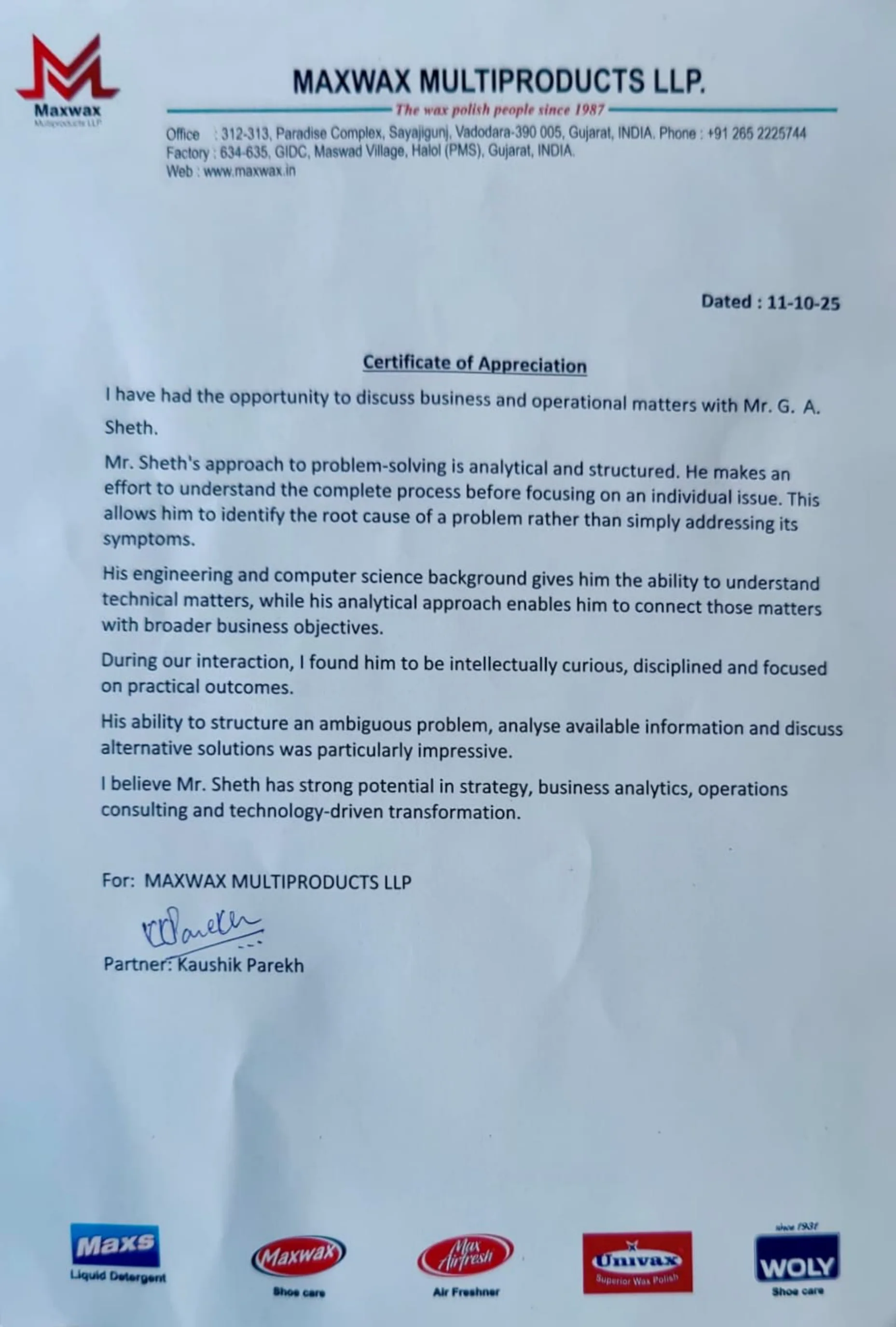 Testimonial letter — Kaushik Parekh, Maxwax Multiproducts