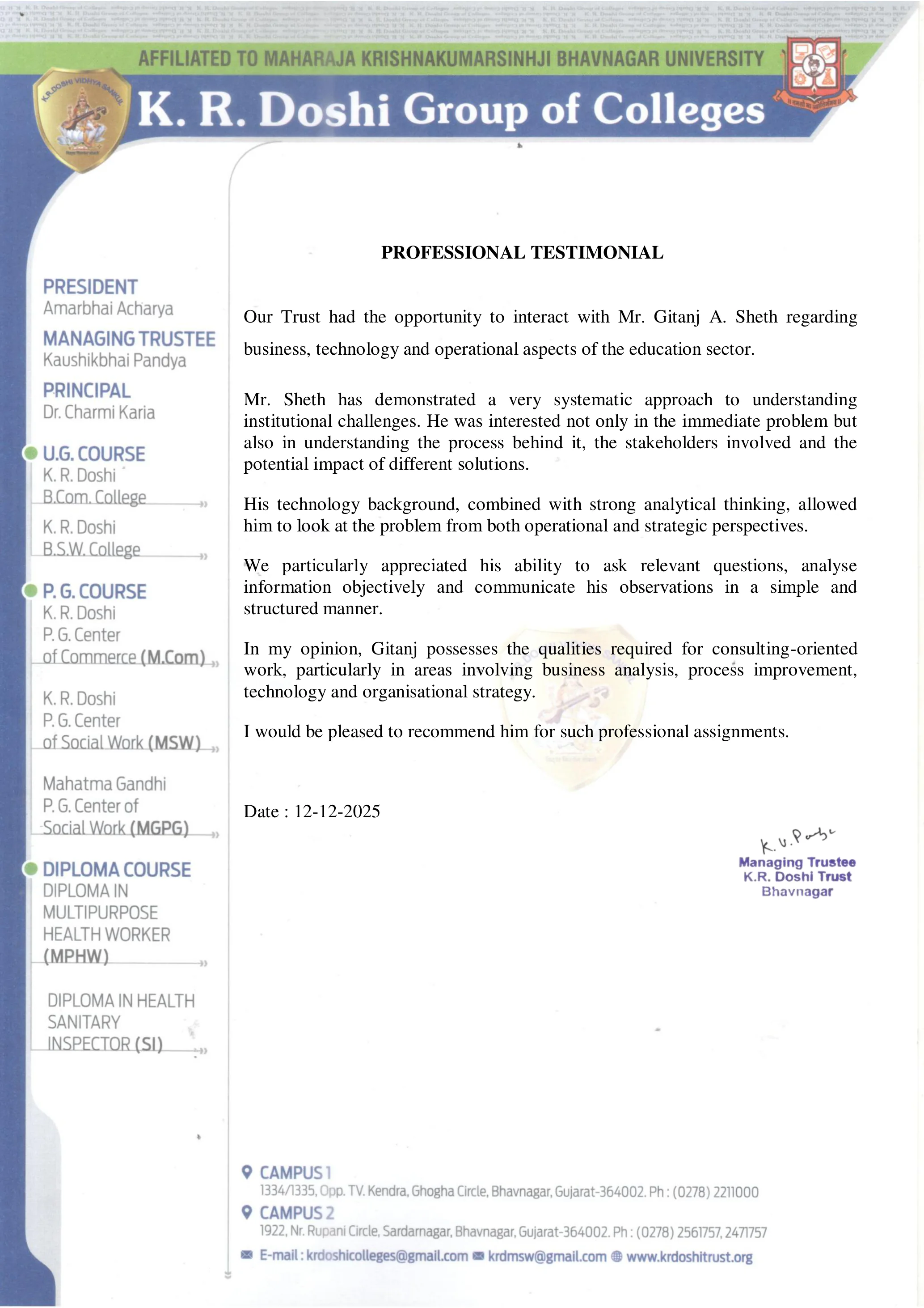 Testimonial letter — Ketan Doshi, K. R. Doshi Group of Colleges