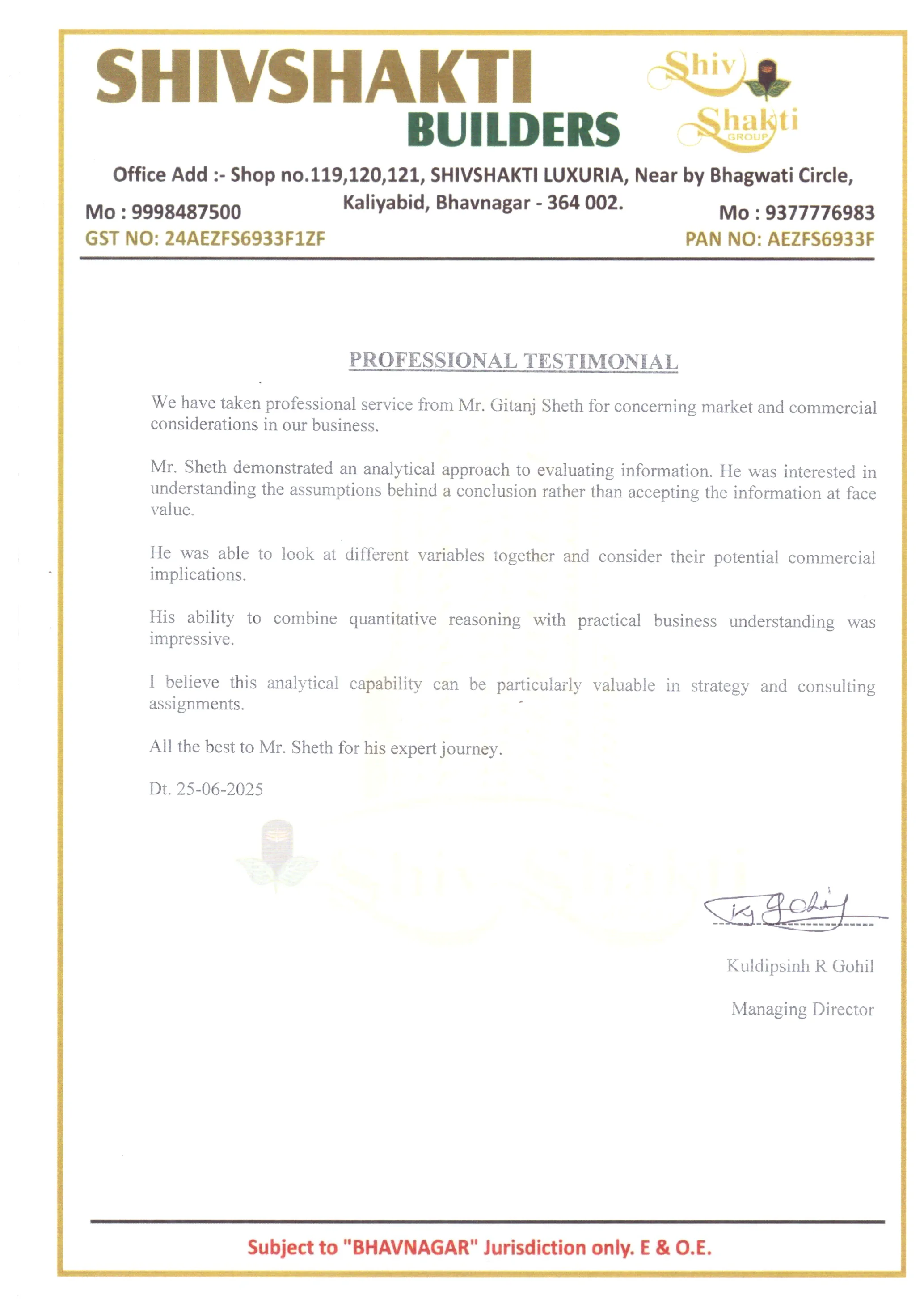 Testimonial letter — Kuldipsinh R. Gohil, Shivshakti Builders