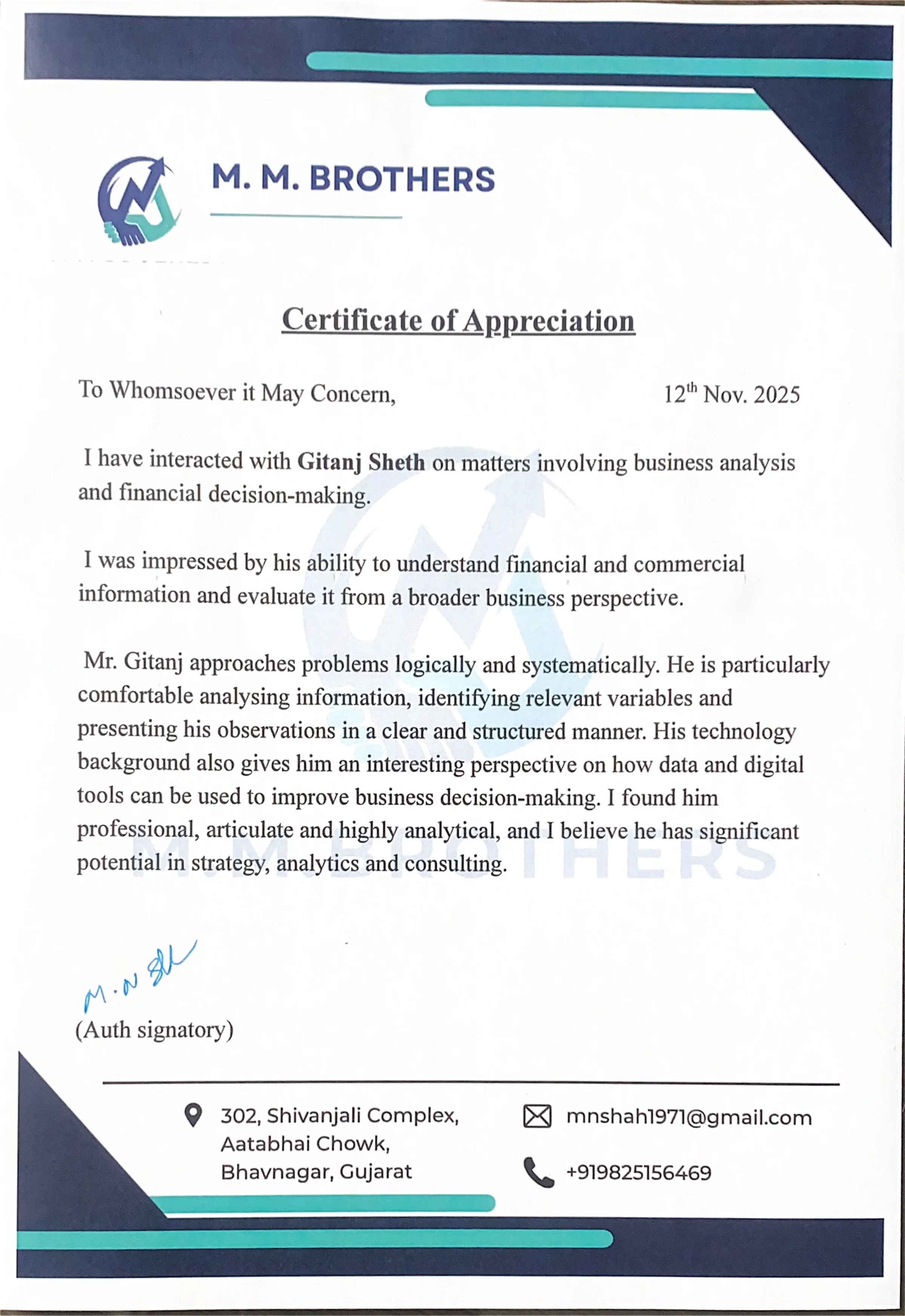 Testimonial letter — Mahabal Shah, M. M. Brothers
