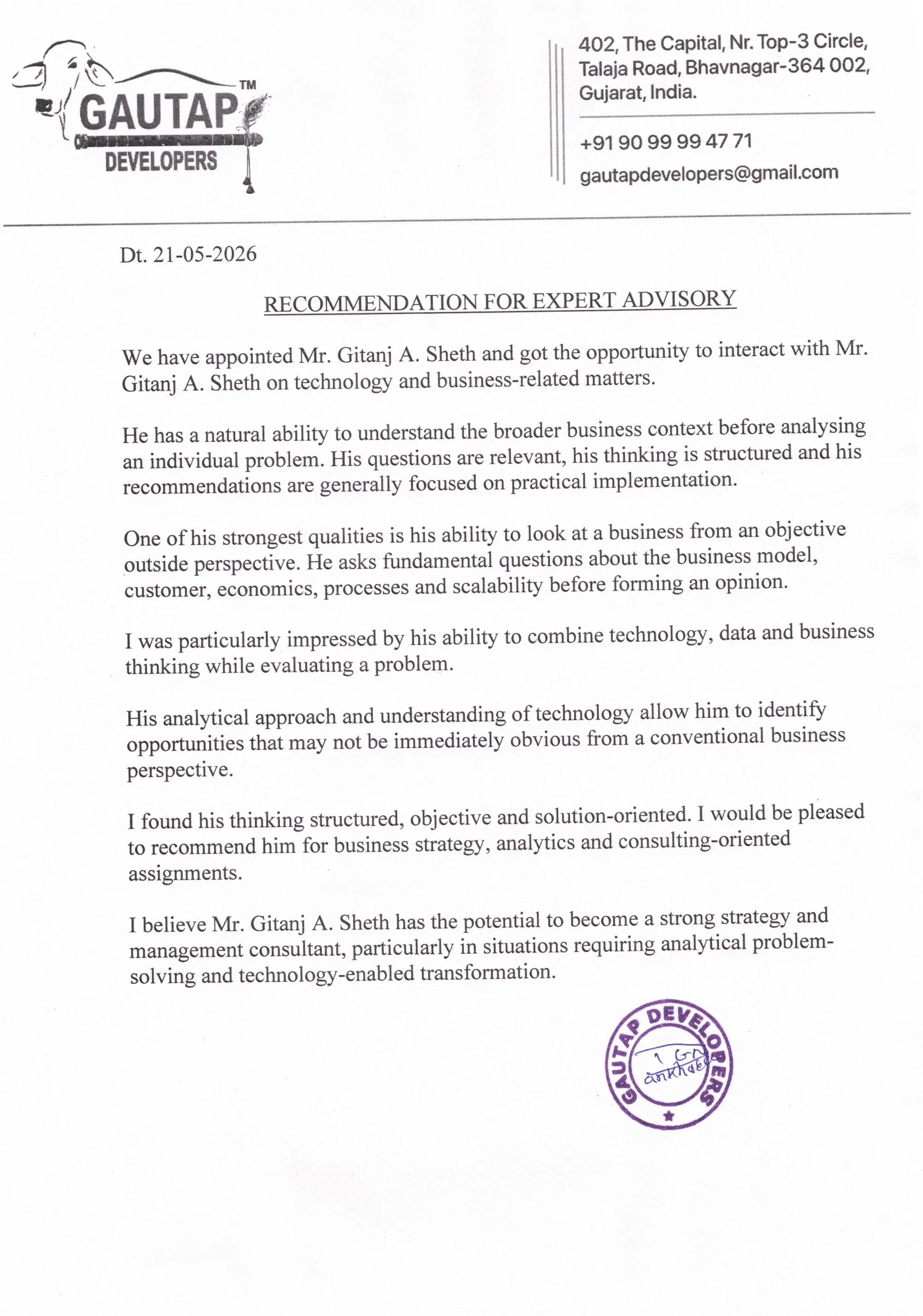 Testimonial letter — Naranbhai Dankhara, Gautap Developers