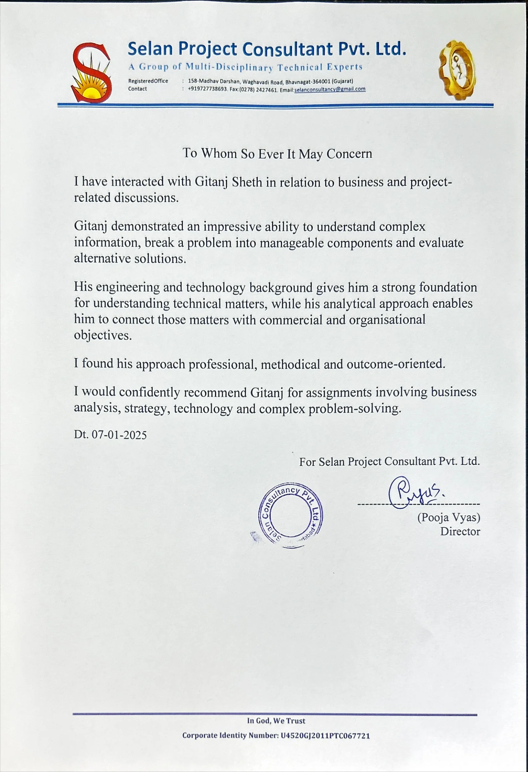 Testimonial letter — Pooja Vyas, Selan Project Consultant