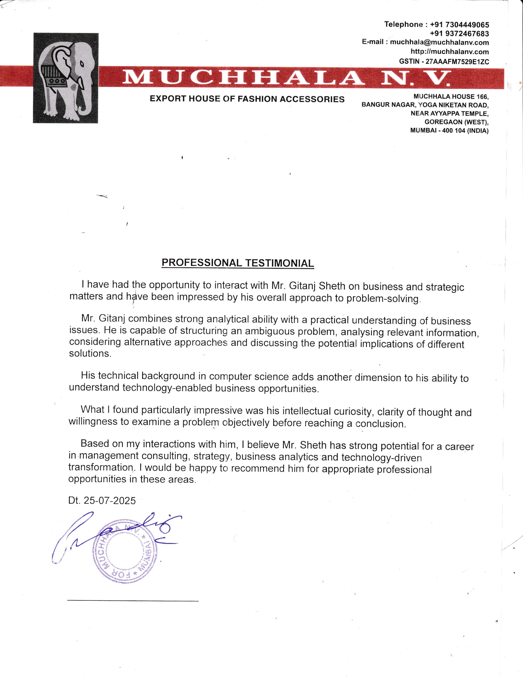 Testimonial letter — Pradip Muchhala, Muchhala N. V.
