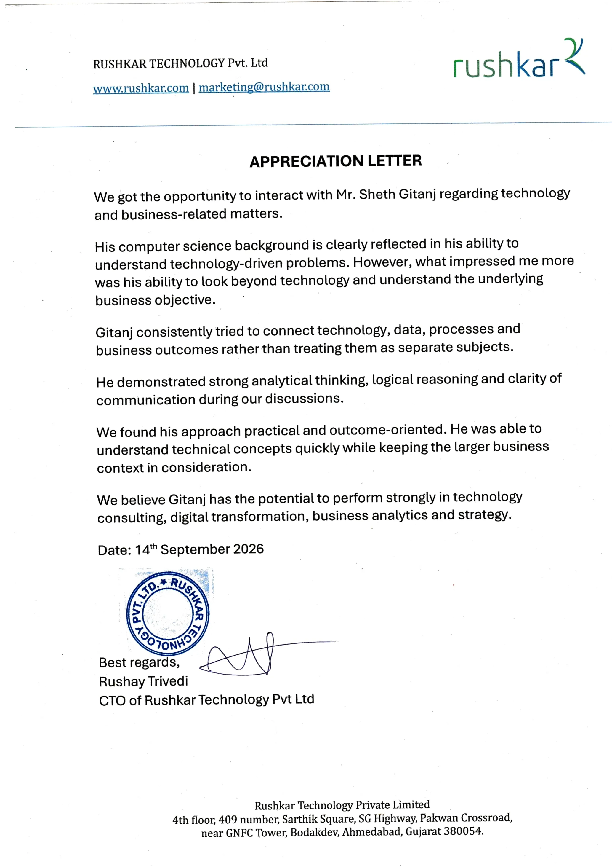 Testimonial letter — Rushay Trivedi, Rushkar Technology