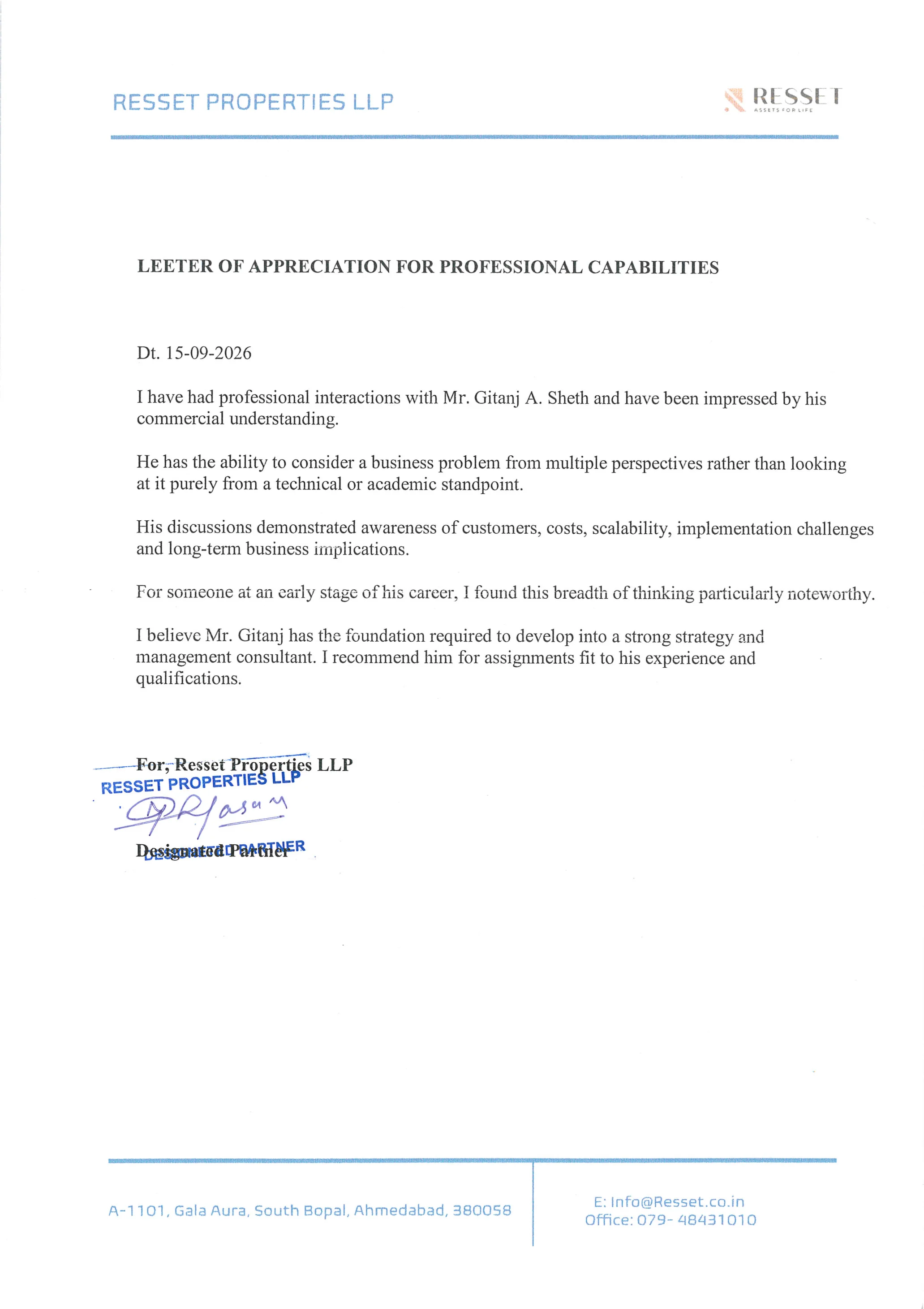 Testimonial letter — Ruturaj, Resset Properties