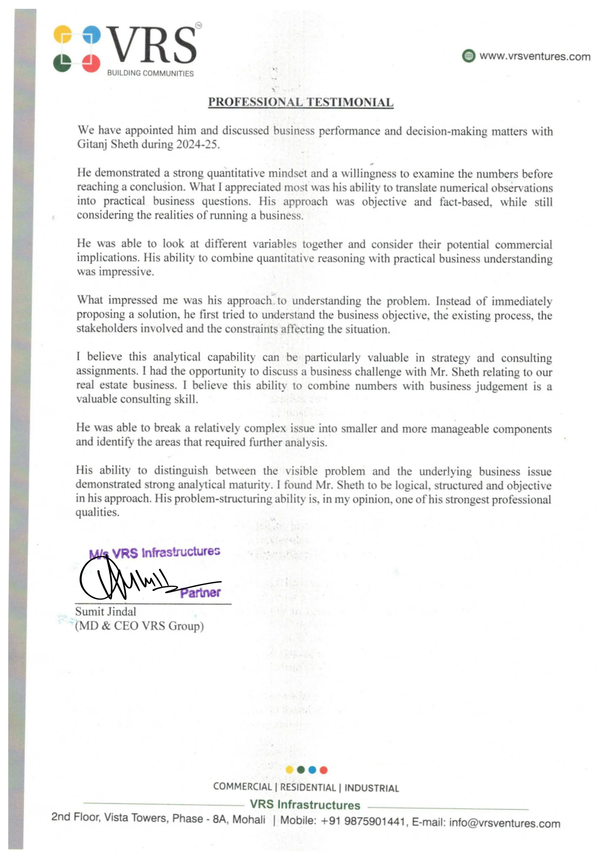 Testimonial letter — Sumit Jindal, VRS Infrastructures